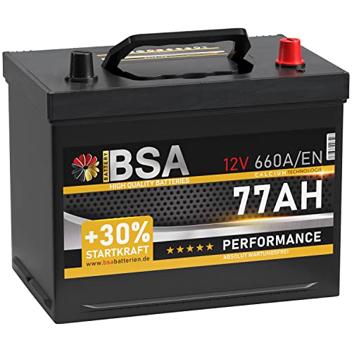 BSA ASIA Autobatterie 77Ah 12V 660A/EN ASIA Batterie Plus-Pol Rechts 30% mehr Startleistung ersetzt 70Ah 80Ah