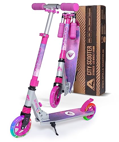 Apollo Skyracer City Roller mit LED Leuchträdern | Roller Kinder 6 Jahre | City Scooter mit Federung | Tretroller für Kinder und Teens | Kinder Roller klappbar und höhenverstellbar