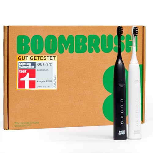 BoomBrush Elektrische Zahnbürste Doppelpack, 2 Schallzahnbürsten mit 5 Modi und Timer, Schwarz und Weiß