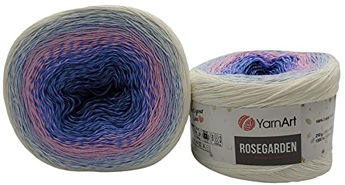 YarnArt Rosegarden, 500 Gramm Bobbel Wolle Farbverlauf, 100% Baumwolle, Bobble Strickwolle Mehrfarbig (weiss rosa blau 301)