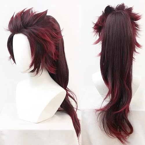 Wig for Anime Tanjirou Kamado Cosplay Perücken Kostüm Weinrotes Haar mit Pferdeschwanz + Gratis Perückenkappe lang mit Pferdeschwanz