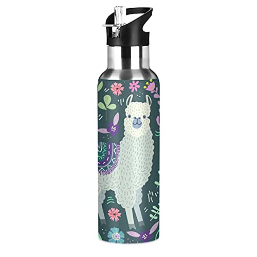 Llama Alpaka Tier Sport Wasserflasche Flasche mit Strohhalm vakuumisoliert, Edelstahl Thermo Wasser Trinkflasche für Erwachsene Damen Herren Kinder Mädchen Jungen Schule Laufen 600 ml