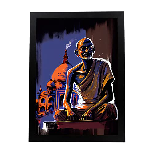 Nacnic Mahatma Gandhi in voller Farbe Fotostil. Cartoon-Illustrationen berühmter Persönlichkeiten der Geschichte. Innenarchitektur und Dekoration. A3 mit schwarzen Rahmen.