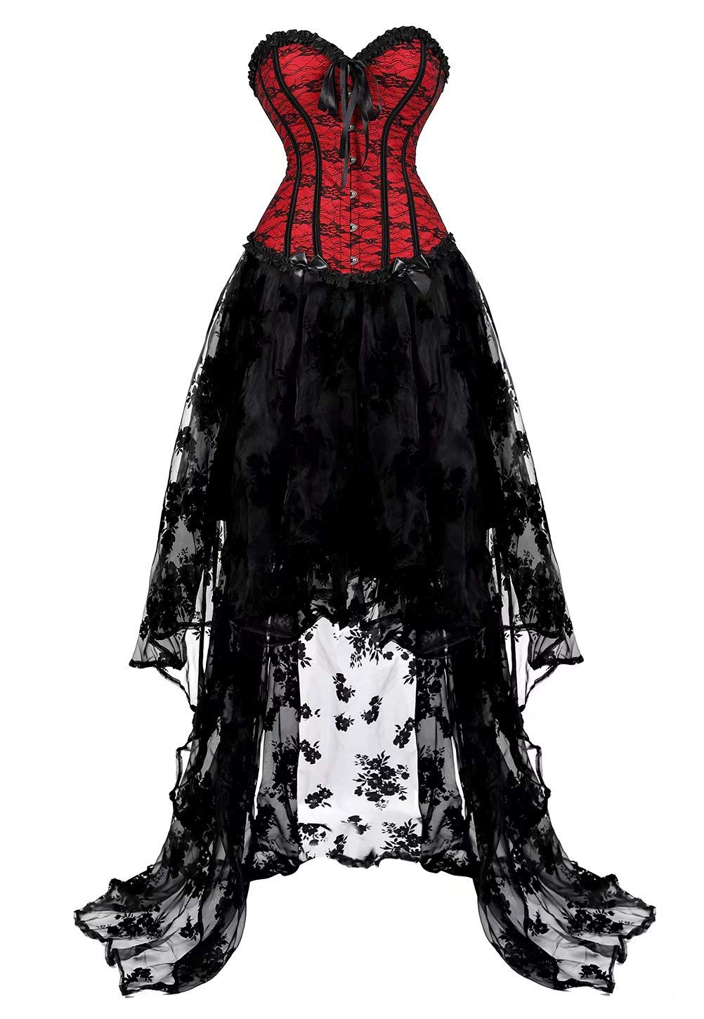 Josamogre corsagenkleid vollbrust kleid corsage bustier korsett kleider spitze lang asymmetrisch rock tüllrock halloween Rot Schwarz M