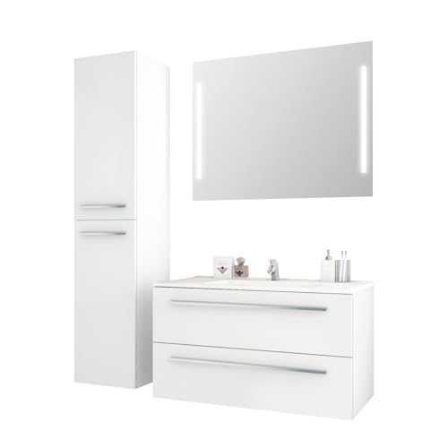 Jokey Badmöbel-Set Libato - 90 cm breit - Weiß Hochglanz - Badezimmermöbel Waschtisch mit Unterschrank Spiegel mit Beleuchtung und Hochschrank Sieper
