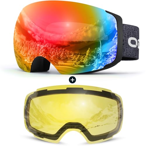Odoland Skibrille Ski Goggles für Damen und Herren Jungen Rahmenlose Snowboardbrille mit Magnetische Wechselglas OTG Design UV-Schutz Helmkompatible zum Skifahren Schwarz Rot
