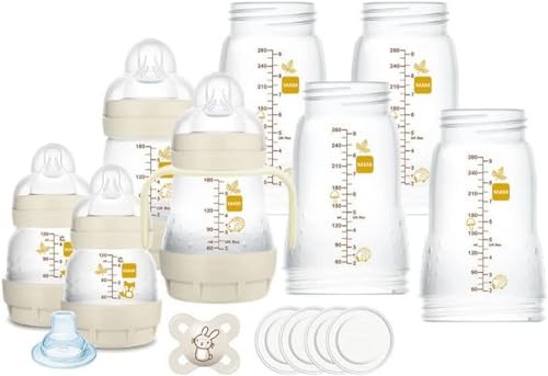 Mam Easy Start Anti-Colic Babyflasche, 8 Flaschen in den Formaten 130 ml, 160 ml und 260 ml, 1 Start Nano, 4 Dichtstoffscheiben, 1 extra weicher und griffiger Ausgießer, Farbe Beige - 73 0 g