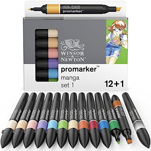 Winsor & Newton 0290139 ProMarker, Professioneller Layoutmarker - 2 Spitzen, fein und breit für Zeichnungen, Design und Layouts - 13 Farben Set - Manga 1