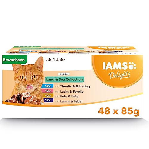 IAMS Delights Land & Sea Collection in Gelee - Ausgewogenes Nassfutter in verschiedenen Geschmackssorten für erwachsene Katzen ab 1 Jahr - 48 x 85g Frischebeutel