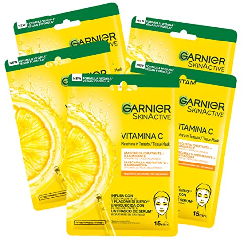 Garnier Skin Active Hydra Bomb Stoffmaske, feuchtigkeitsspendend und aufhellend, mit Vitamin C und Hyaluronsäure, für fahle und unebene Haut, 5er-Pack