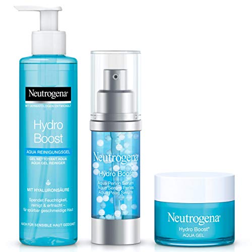 Neutrogena Hydro Boost Set, Gesichtspflege in 3 Schritten: Aqua Reinigungsgel, Aqua Perlen Serum und Aqua Gel, Pflege Set für das Gesicht