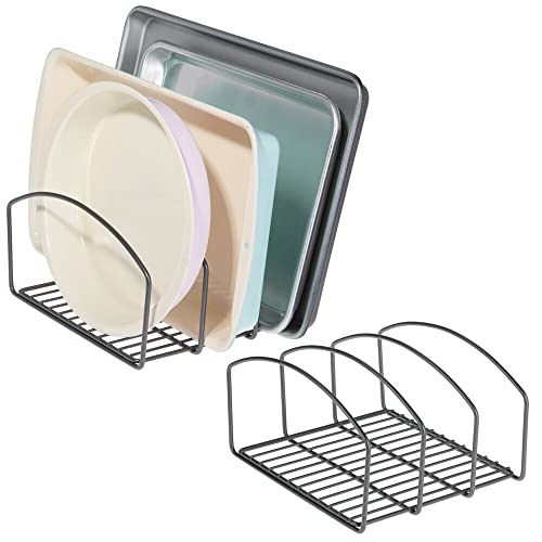 mDesign 2er-Set Geschirrablage für Kochtöpfe, Deckel und Pfannen – kompakter Topfdeckelhalter mit 3 Fächern für den Küchenschrank – platzsparender Ständer für Kochgeschirr aus Metall – dunkelgrau