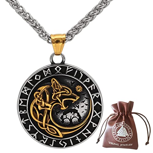 YOROOW-OUTDOOR Viking Herren Edelstahl Fenrir Wolf Rune Halskette Nordische Amulett Schmuck, 24 Zoll Kette