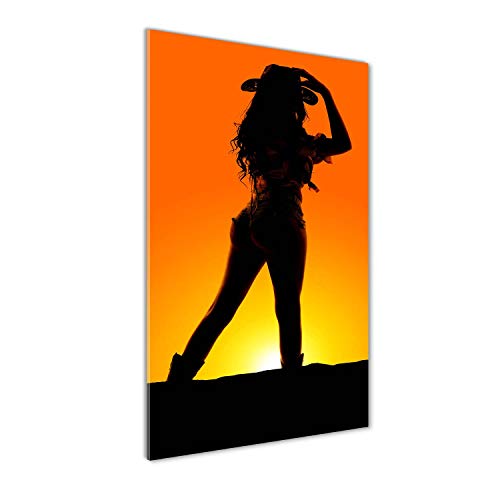 Tulup Glas-Bild Wandbild aus Glas - Wandkunst - Wandbild hinter gehärtetem Sicherheitsglas - Dekorative Wand für Küche & Wohnzimmer 50x100 - Sinnlichkeit - Cowgirls Silhouette - Orange