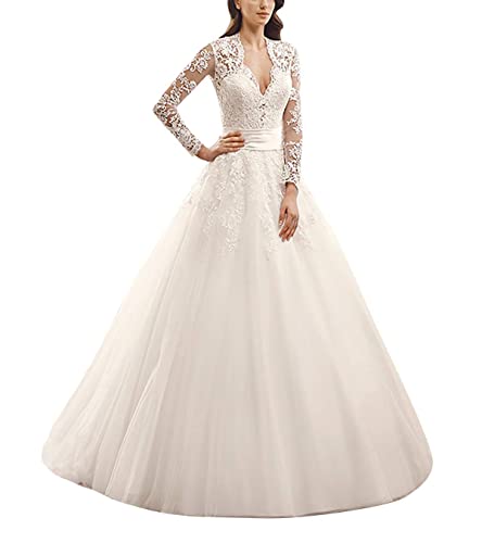 Brautkleider Lang Prinzessin Damen Hochzeitskleider Vintage Spitze Kleid mit Lange Ärmel A-Linie Elfenbein EUR42