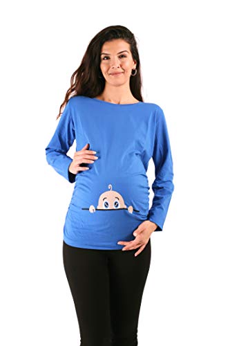 M.M.C. Neugieriges Baby - Lustige witzige süße Umstandsmode Umstandsshirt mit Motiv für die Schwangerschaft Schwangerschaftsshirt, Langarm (Dunkelblau, Large)
