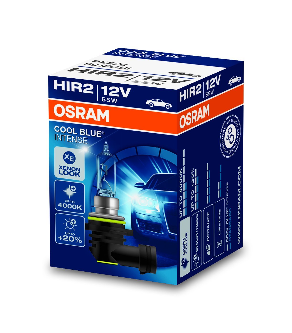 Osram COOL BLUE INTENSE HIR2, Halogen-Scheinwerferlampe, 9012CBI, 12V PKW, Faltschachtel (1 Stück)