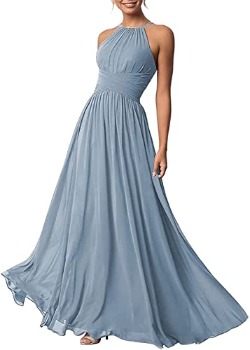 Damen A-Linie Chiffon Plissee Brautjungfernkleider Langes Neckholder Schulterfrei formelles Kleid, dusty blue, 36
