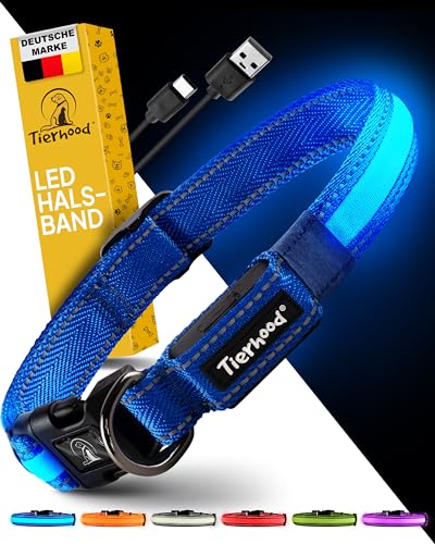 Tierhood - Leuchthalsband Hund (USB-C)- 8 Stunden Akkulaufzeit - Langlebig, Wetterfest & Komfortabel - Ideal für Nachtspaziergänge - LED Halsband für Hunde (Blau, Größe S)