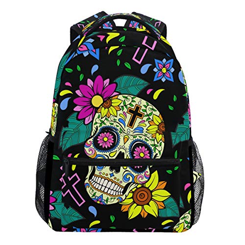 Oarencol Rucksack mit Totenkopf-Motiv, Gelb, mit bunten Blättern, für Reisen, Schule, Schule, Schule, Hochschule