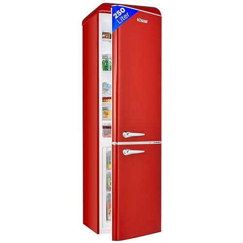 Bomann® Retro Kühl-Gefrier-Kombination mit 250 L Nutzinhalt – davon Kühlen: 186 L, Gefrieren: 64 L, Kühlschrank mit LED-Beleuchtung, Fridge mit stufenloser Temperaturregelung - KGR 7328.1 rot