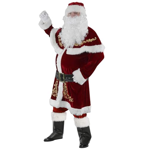 Weihnachtsmann-Kostüm, Weihnachtsmann-Kostüm, Weihnachtsanzug, Weihnachtsmann-Kostüm für Erwachsene, 8 Stück/Set, Samt-Weihnachtsmann-Kostüm, Herren, Weihnachtsmann-Outfit für Weihnachten