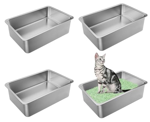 hannger Katzentoilette aus Edelstahl, große Katzentoilette aus Metall, für Katzen und Kaninchen, nimmt keine Gerüche auf, rostfrei, glatte Oberfläche, leicht zu reinigen, 49,3 x 34,8 x 10 cm, 4 Stück