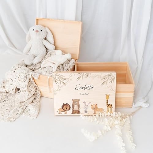 wunderwunsch - Personalisierte Erinnerungsbox Baby mit Spezial-Druck - Individuelle Baby Erinnerungsbox - Erinnerungskiste aus Holz - Geschenk zur Geburt (M | Klappdeckel)