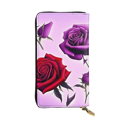 Rote und violette Rosen lange Clutch-Geldbörse, Damen-Geldbörse mit Reißverschluss, Multi-Karten-Organizer, und lange Geldbörse mit großer Kapazität, Schwarz , Einheitsgröße