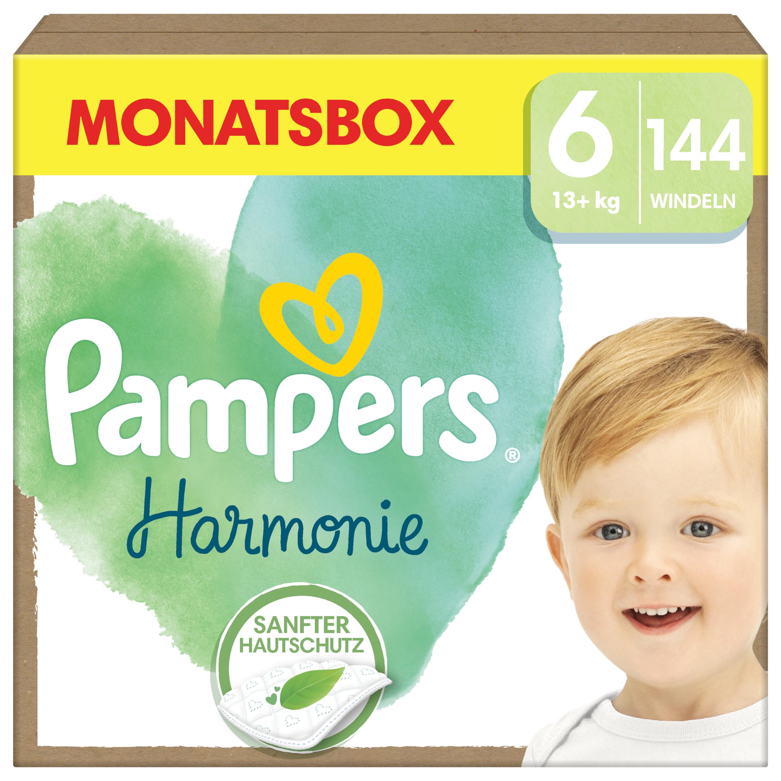Pampers Baby Windeln Größe 6 (13kg+) Harmonie, MONATSBOX, Sanfter Hautschutz Und Pflanzenbasierte Inhaltsstoffe, 144 Stück