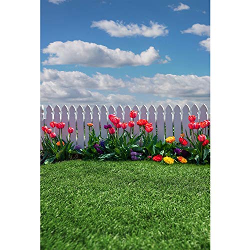 YongFoto 2x3m Vinyl Foto Hintergrund Weißer Zaun Tulpen Blumen Grünes Gras Rasen Weiße Wolken Fotografie Leinwand Hintergrund Tapete Hochzeit Kinder Fotostudio Hintergründe Fotoshooting