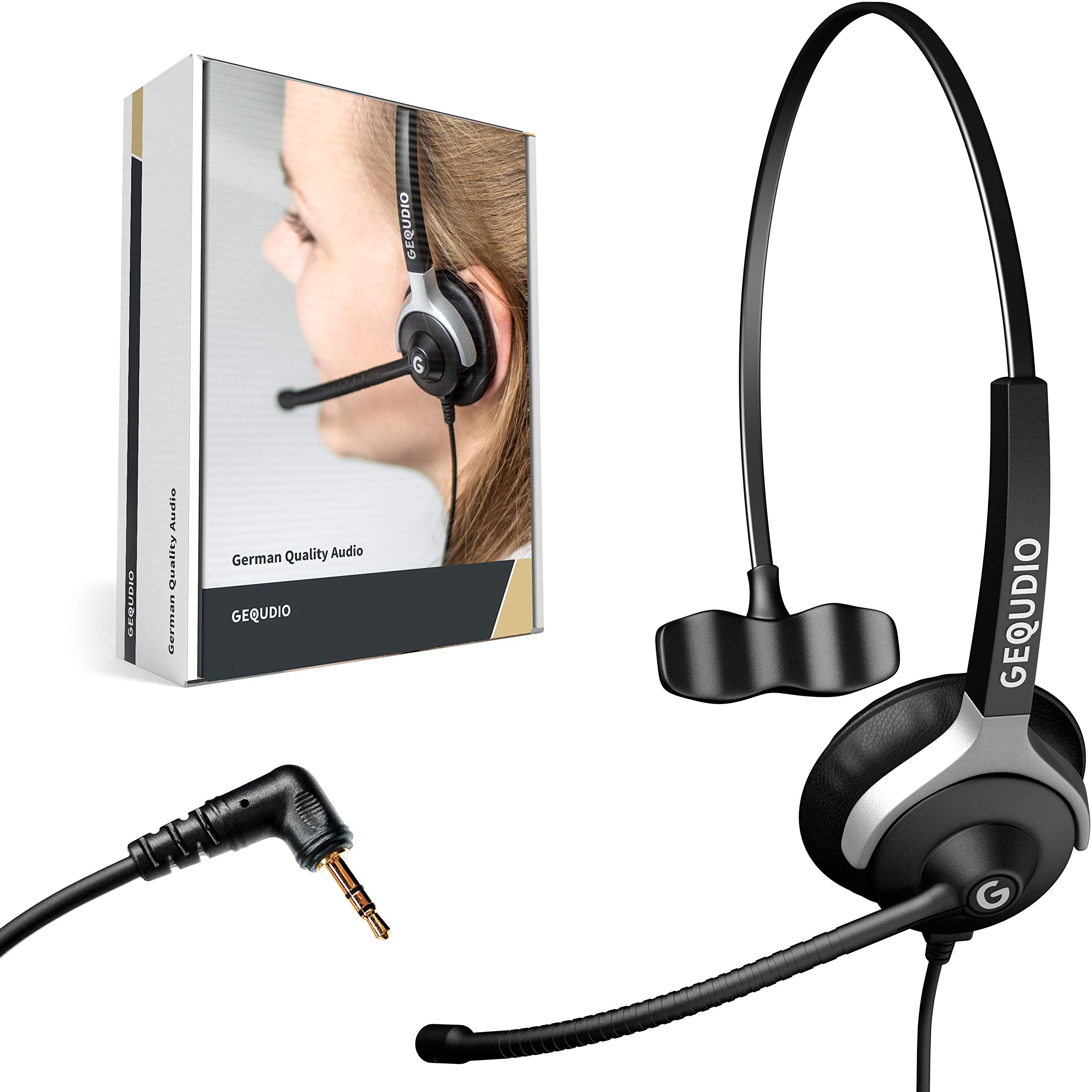 GEQUDIO Headset mit 2,5mm Klinke kompatibel mit Gigaset, Panasonic DECT Schnurlostelefon - Kopfhörer & Mikrofon mit Ersatz Polster - besonders leicht 60g (1-Ohr)