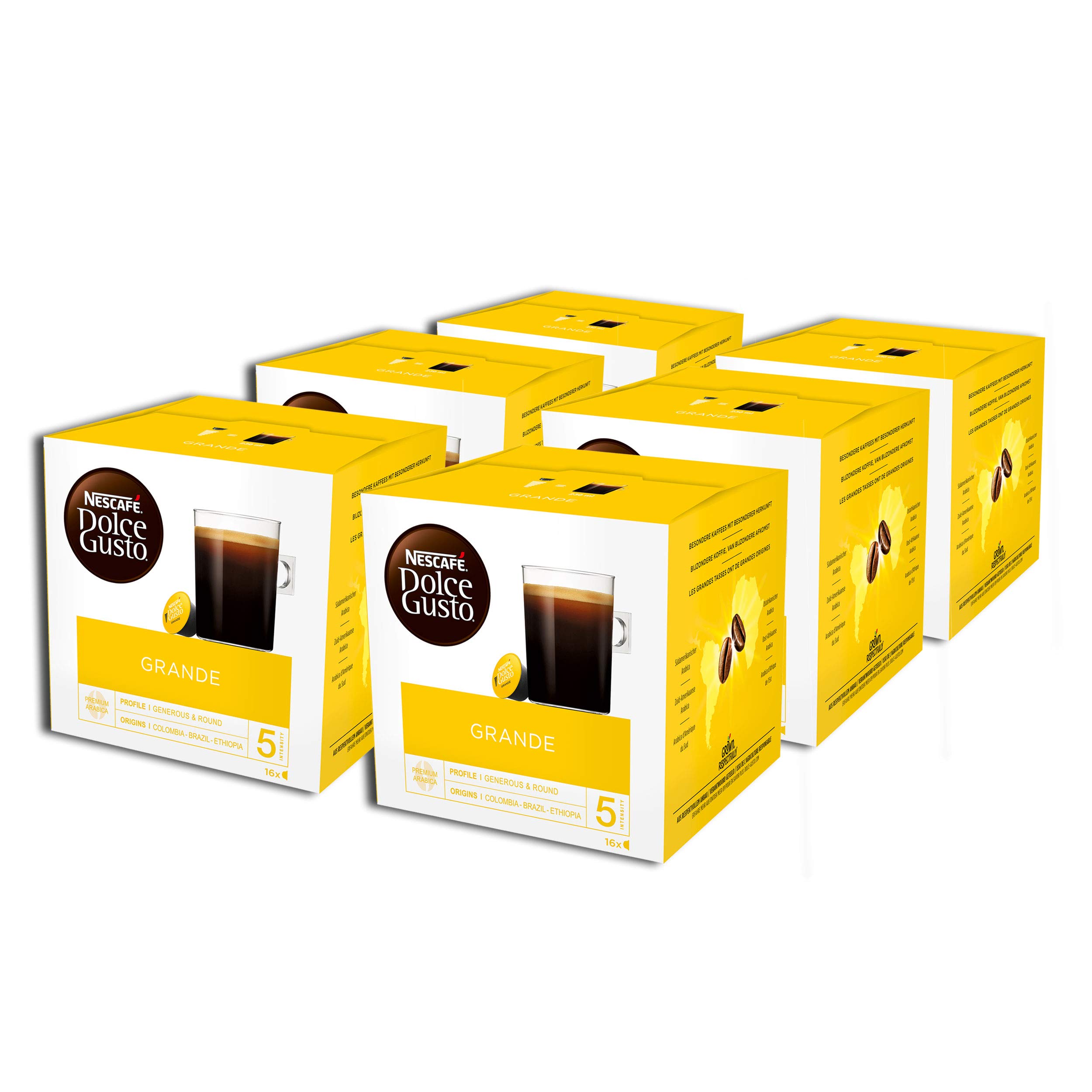 NESCAFÉ Dolce Gusto Grande Kaffee, 96 Kaffeekapseln, 100% Arabica Bohnen, Feine Crema und kräftiges Aroma, Schnelle Zubereitung, Aromaversiegelte Kapseln, 6er Pack (6x16 Kapseln)