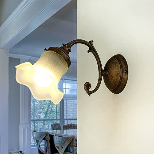 Wandleuchte Glas Schirm Blütenform Echt-Messing Bronze Antik Vintage Premiumqualität Wandlampe Wohnzimmer Flur