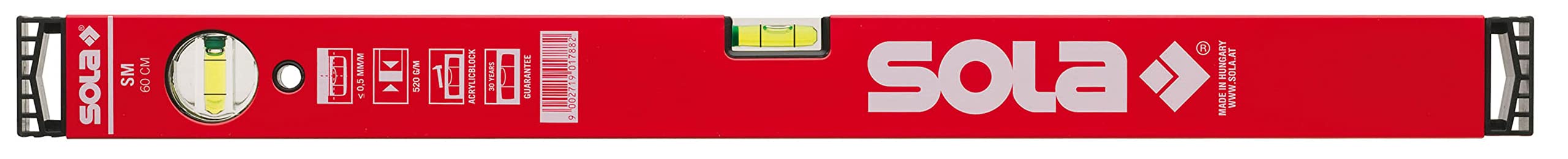 Sola SM RED - Wasserwaage aus Aluminium, 60 cm, mit 2 Luftblasen, Rot