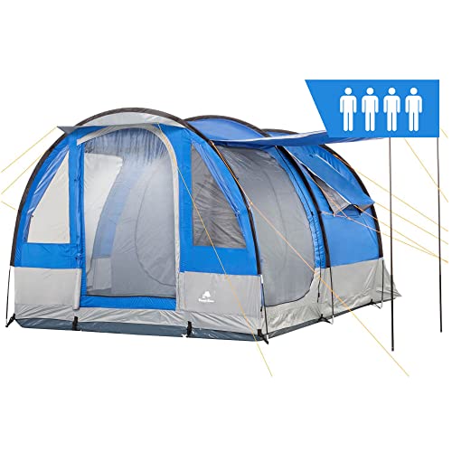 CampFeuer Zelt Smart für 4 Personen | Blau/Grau | Großes Tunnelzelt mit 3 Eingängen, 2000 mm Wassersäule | Herausnehmbare Trennwand | Gruppenzelt, Campingzelt, Familienzelt