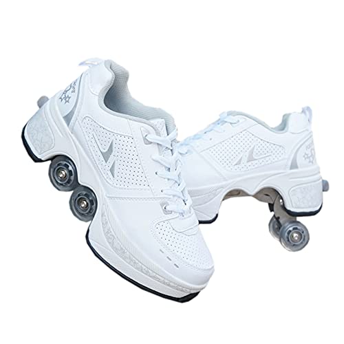 Roller Skate Roller Skates, Unisex Schuhe mit Rollen, 2in1 Mehrzweckschuhe Schuhe mit Rädern, Skateboard-Schuhe, verstellbare Quad Roller Skate Stiefel, Skateboard-Schuhe (36/UK4, weiß silber)