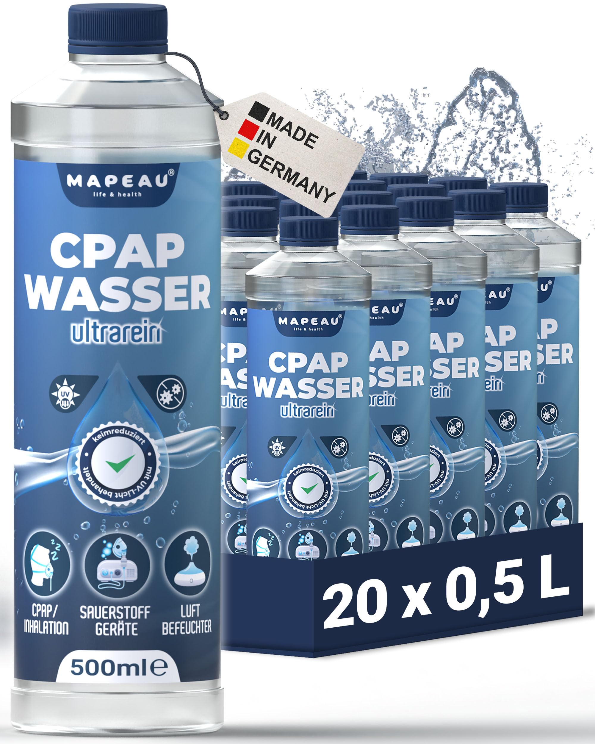 Mapeau 20x CPAP Wasser für Sauerstoff-Geräte, CPAP-Geräte, Atemgasbefeuchtung, destilliertes Wasser für Inhalator, Luftbefeuchter (20x 500ml)