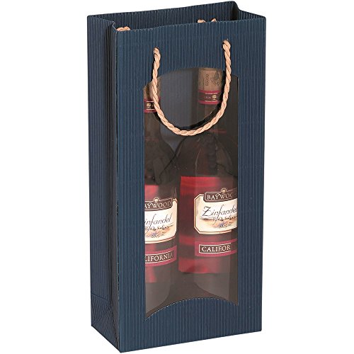 karton-billiger Flaschentragetasche Tragetüte mit Fenster in 4 Farben für 1,2 oder 3 Flaschen, 20Stück (2 Flaschen, blau)