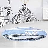 carpet city Kinderteppich Bueno Flachflor Konturenschnitt mit Tieren Hase Waschbär Boot in Blau für Kinderzimmer, Größe: 120 cm rund
