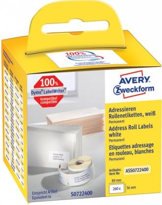Avery Zweckform - Papier - permanenter Klebstoff - weiß - 36 x 89 mm 260 Etikett(en) (1 Rolle(n) x 260) rechteckige Etiketten (ASS0722400)