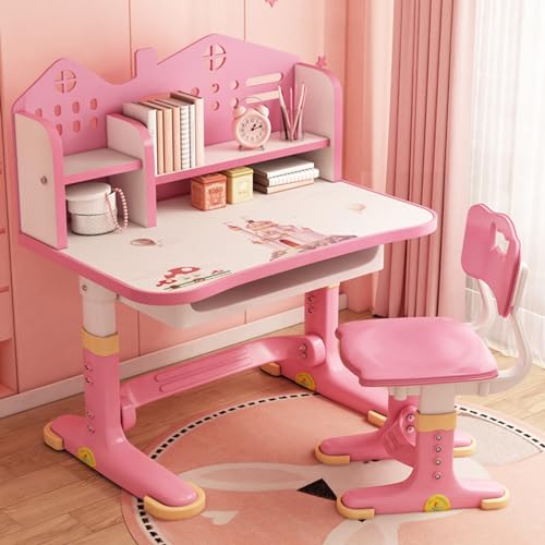 Shienfir Premium Kids Study Desk and Chair Set, Children's Height Adjustable Study Desk w/Integrated Shelf and Drawer, Astronaut Pattern, Ergonomic Desk Chair with Large Writing Board Pink B