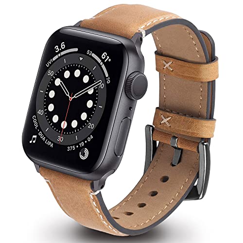 GerbGorb Apple Watch Armband Leder Kompatibel mit Apple Watch Armband 41mm 40mm 38mm Leder Ersatzarmband mit iWatch Serie SE SE2 8 7 6 5 4 3 2 1 Business Damen Herren Hellbraun/Rauchgrau Schnalle