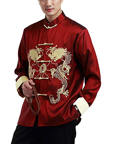Daoba Herren Tang Anzug, Chinesisch Traditionell Stehkragen Langarm Tai Chi Shirt Kampfkunst Kung Fu Hemd Jacke Tops Doppelte Drachenstickerei