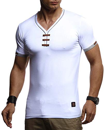 Leif Nelson Herren Sommer T-Shirt V-Ausschnitt Slim Fit Baumwolle-Anteil Basic Männer T-Shirt V-Neck Hoodie-Sweatshirt Kurzarm lang Weißes Jungen Shirt Kurzarmshirts LN4890 Weiß X-Large