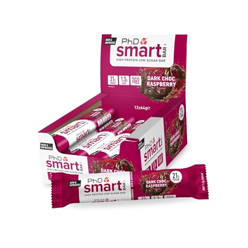 PhD Nutrition Smart Bar, Eiweißriegel mit hohem Eiweißgehalt und wenig Zucker, Dunkle Schokolade & Himbeere, 20g Eiweiß, 64g Riegel (12er Packung)