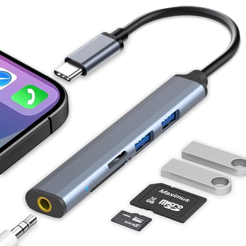 VIENON USB-C-Hub, Aluminium, 5-in-1, USB-C-auf-USB-Multiport-Adapter mit 2 USB-Anschlüssen, 3,5-mm-Kopfhöreranschluss und SD/TF-Kartenleser für MacBook Pro/Air, iPad Pro und weitere Typ-C-Geräte