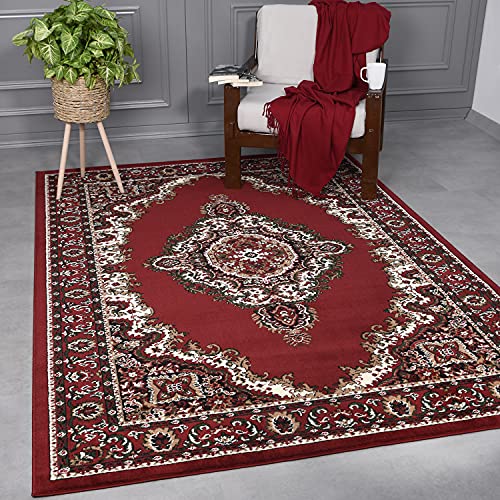 VIMODA Klassisch Orient Teppich dicht gewebt Wohnzimmer Rot Beige, Maße:80x300 cm