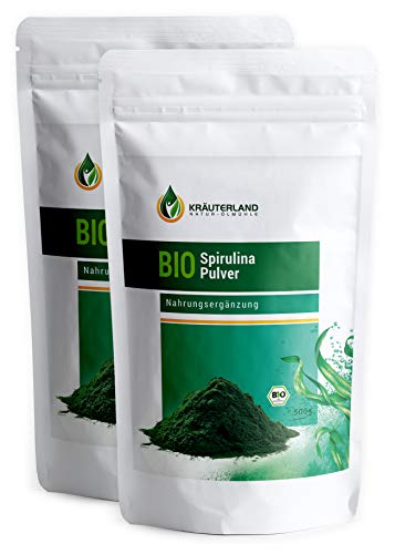 Kräuterland - Bio Spirulina Pulver 1000g - 100% rein, vegan, 60% Eiweiß - für green Smoothies & Shakes in Rohkostqualität(2x500g)