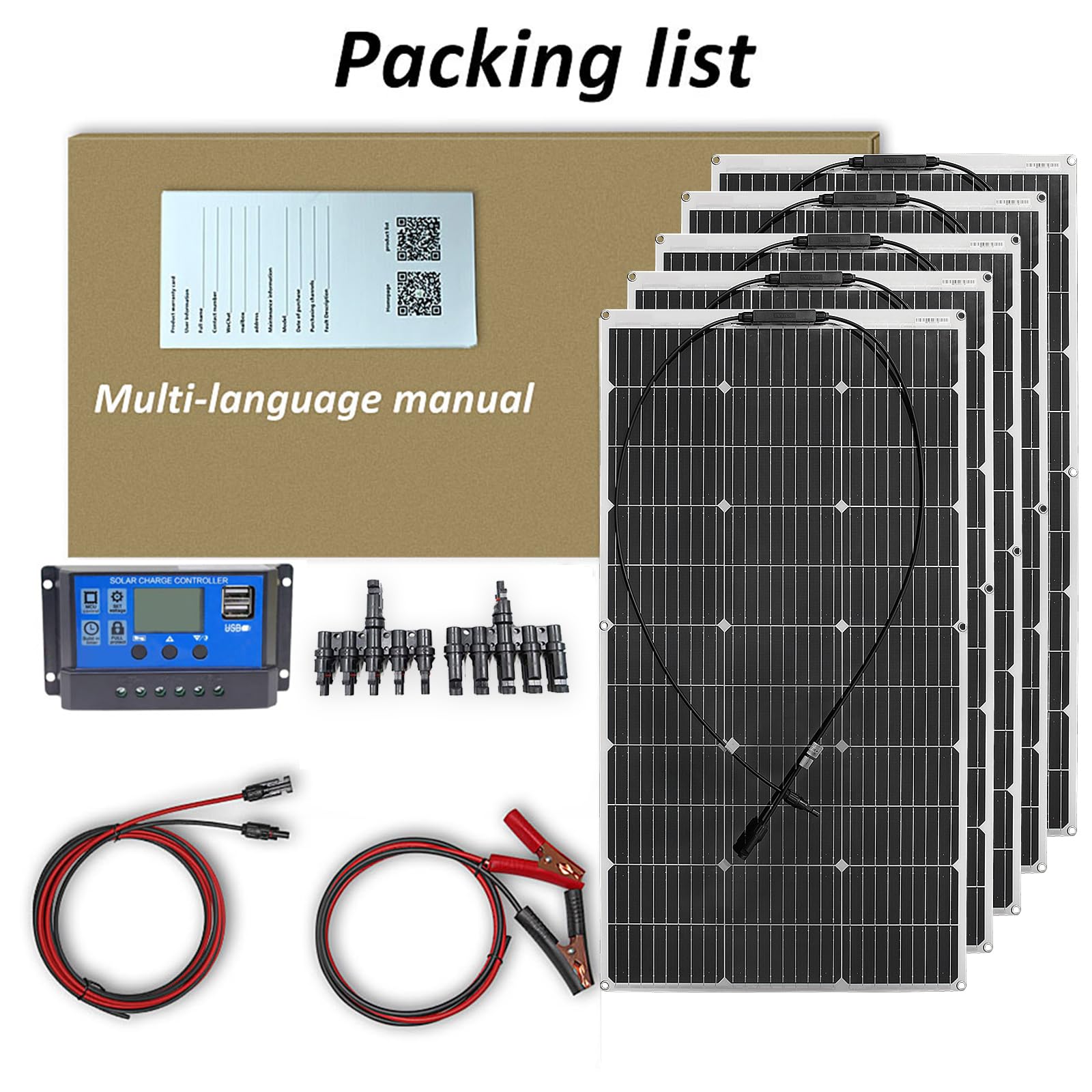 Solar Panel Kit 500W 5 * 100W Flexible Solar Panel 12V Photovoltaic Waterproof Solar Charger 50A Solar Controller+3m Cable+1m Battery Clip Cable for 12v Baterry Charger(500W solarpanel kit)